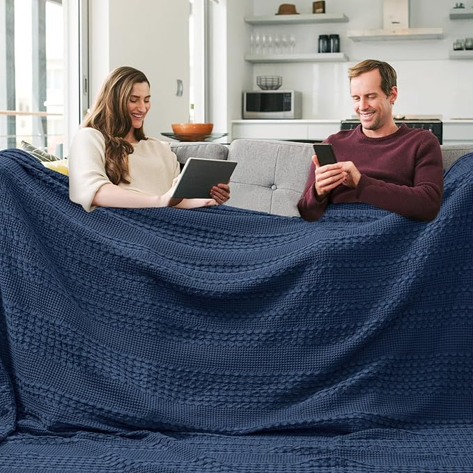 PHF 100% Cotton Waffle Blanket Oversized King 120"x120", Lightweight Breathable Extra Large 10'x10' Summer Blankets for Bed, Giant Big Luxury Aesthetic Woven Bedding for Home Decor, Bright Navy Blue