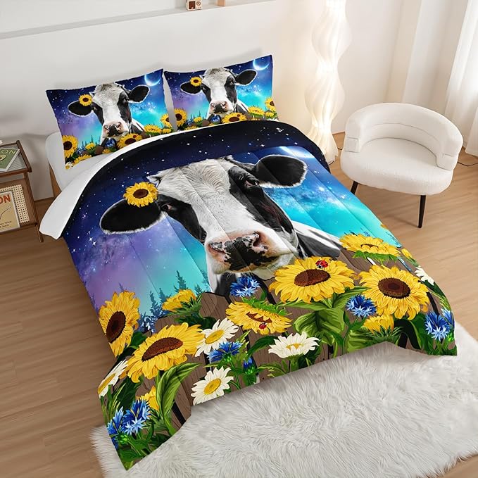 HOSIMA Cow Print Comforter with 2 Pillowcases,Farm Animal Theme Bedding Set Sunflower Twin Bed in a Bag Sets for Adults Teens Kids,Farm Starry Sky Toddler Comforter Floral Bedding Set.