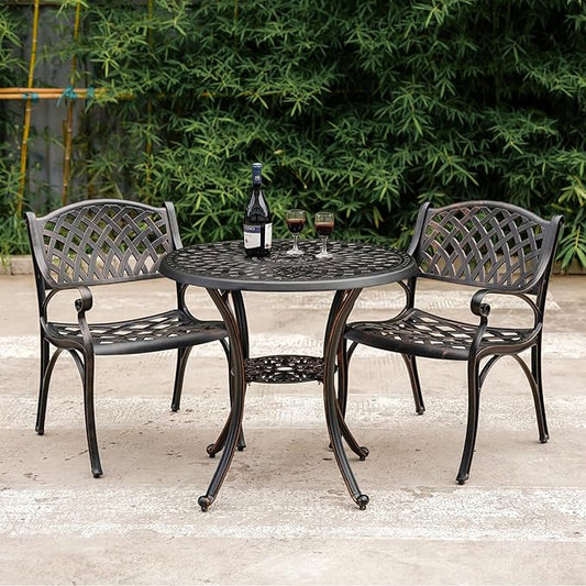 Cast Aluminum Patio Dining Set, Outdoor Bistro Set, 31.5" Round Patio Table with Umbrella Hole, 2 Patio Chairs for Yard Porch Garden Balcony