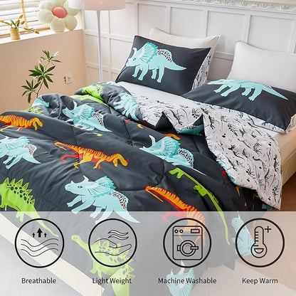 RYNGHIPY Dinosaur Bedding Set Full Size Dinosaur Kids Comforter Set for Boys Girls Soft Breathable Cute Dinosaur Bed Set for All Season (Black,Full)