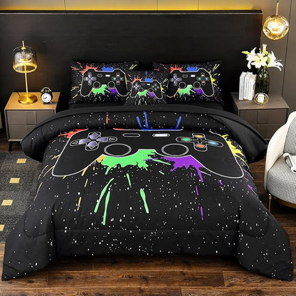 DORCAS Full Size Gamer Comforter Set with Sheets for Boys,Game Console Black Bedding Set for Kids,6 Pieces Bed in a Bag Colorful Graffiti Gaming Controller Comforter,Sheets,Pillowcases (Black, Full)