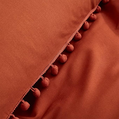 Burnt Orange Comforter Set Queen Size Rust Pom Comforter 3 PCs Burnt Orange Boho Ball Pom Fringe Queen Comforter Bedding Set Women Solid Terracotta Queen Bed Comforter Set All Season Gift