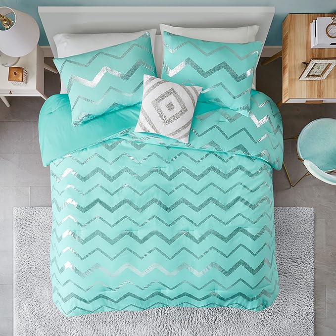 Codi Metallic Teal and Silver Comforter Set, Full/Queen Size, Cute Aqua Turquoise Bedding Sets, 4 Piece (2 Matching Sham + 1 Decorative Pillow)