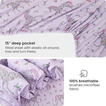 Mooreeke Twin Size Comforter Sets for Girls Kids, 6 Pieces Bed in a Bag Purple Floral Unicorn Bedding Comforter Sheet Set with Shams and Decorative Toy Pillow, Ultral Soft Microfiber Kids Bed Set