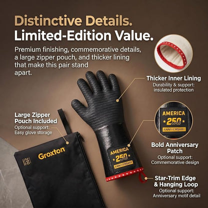 PRO BBQ Gloves, Black Neoprene, 14-Inch, Heat Resistant up to 932°F, Waterproof with Cotton Lining, America 250th Anniversary Edition, Includes Storage Bag (Close Fit-14INCH-932℉-PRO)
