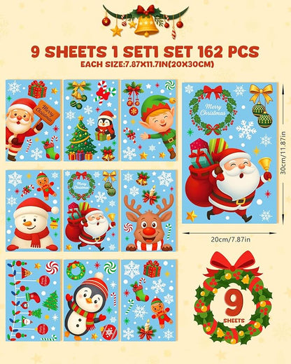 Christmas Window Clings - 9 Sheets 162 Pcs Cute Xmas Decorations for Winter Holiday Home Party Santa Reindeer Snowman Gingerbread Snowflake Stickers for Glass Double-Sided Static Window Decals