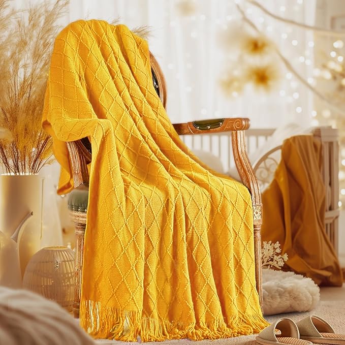 inhand Knitted Fall Throw Blanket for Couch and Bed, Knit Fall Decor Halloween Blanket with Tassel, Mustard Yellow Lightweight Decorative Farmhouse Warm Woven Blankets and Throws for Women, 60"x80"