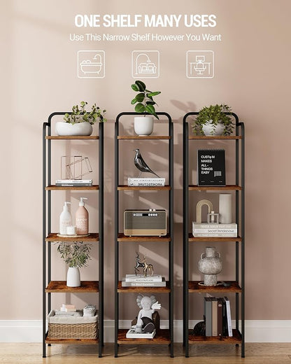 Bookcase Bookshelf, Narrow Book Shelf, Industrial Coner Shelf Storage Organizer, Slim Shelving Unit for Home Office, Living Room, Bedroom, Kitchen, 5-Tier Rustic Brown BC24501B