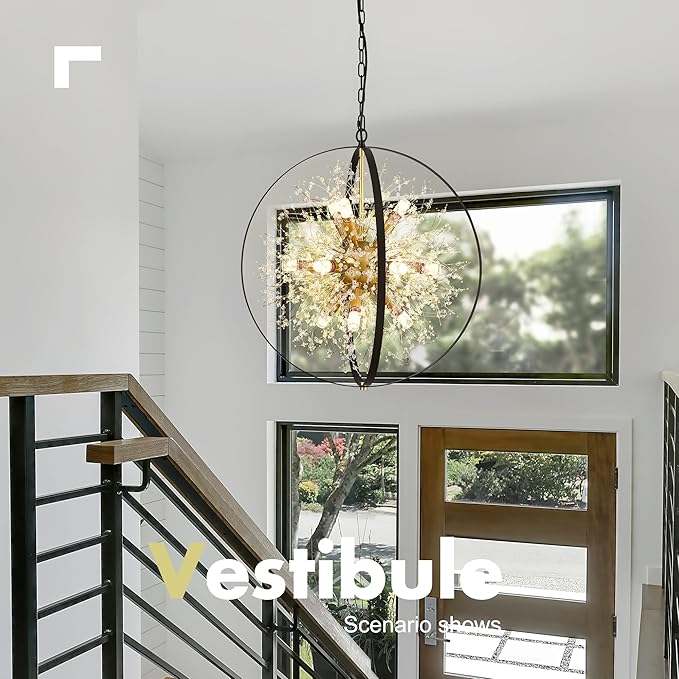Modern Crystal Chandeliers Firework, 23.2'' Black Gold 12-Light Globe Dandelion Sputnik Chandelier, Hanging Pendant Lighting Fixture for Dining Room, Bedroom, Kitchen, Entryway, Foyer