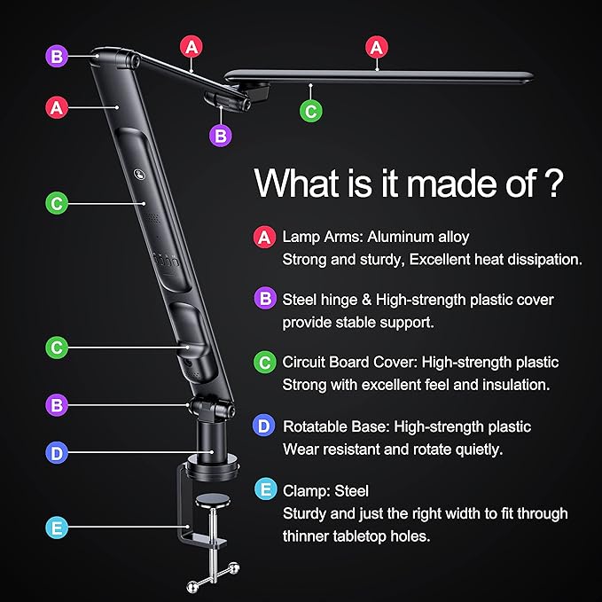 LED Desk Lamp with USB Charging Port, Evo Natural Spectrum,Professional Grade Adjustable Table Light with 6 Axis Swing Arm, Architect Desk Lamp for Painting, Reading, Home Office-Black