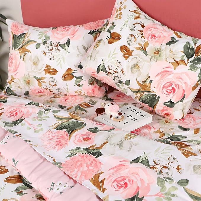 DILIMI Full Size Comforter Set for Girls, Reversible Comforter Full Size, 5 Pieces Ultra Soft Pink Floral Full Size Bed Comforter Sets with Sheet, Comforter, Flat Sheet, 2 Pillowcase