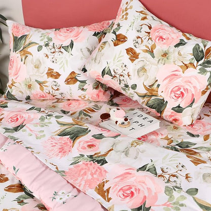 DILIMI Full Size Comforter Set for Girls, Reversible Comforter Full Size, 5 Pieces Ultra Soft Pink Floral Full Size Bed Comforter Sets with Sheet, Comforter, Flat Sheet, 2 Pillowcase