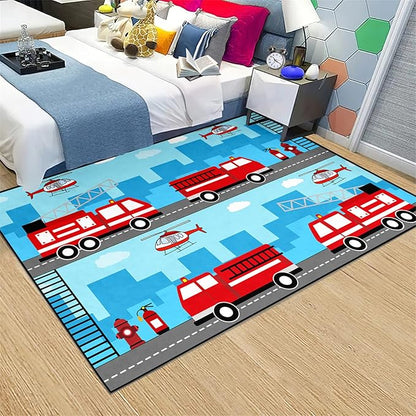 Car Rug Play Mat Car Rug Play Mat Car Rug for Boys Room Fire Fighting Truck Red Car Printed Rug Play Rug for Cars and Trucks Play Rugs for Kids Rooms,Light Blue 3'×4'