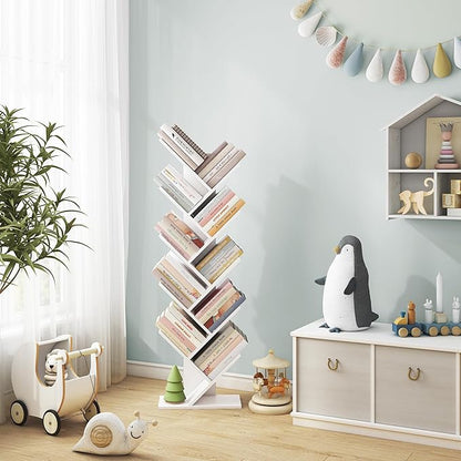 Hoctieon 10 Tier Tree Bookshelf, 10 Shelf Bookcase, Free Standing Tree Bookcase, Display Floor Standing Shelf for Books, Book Shelf Organizer, White