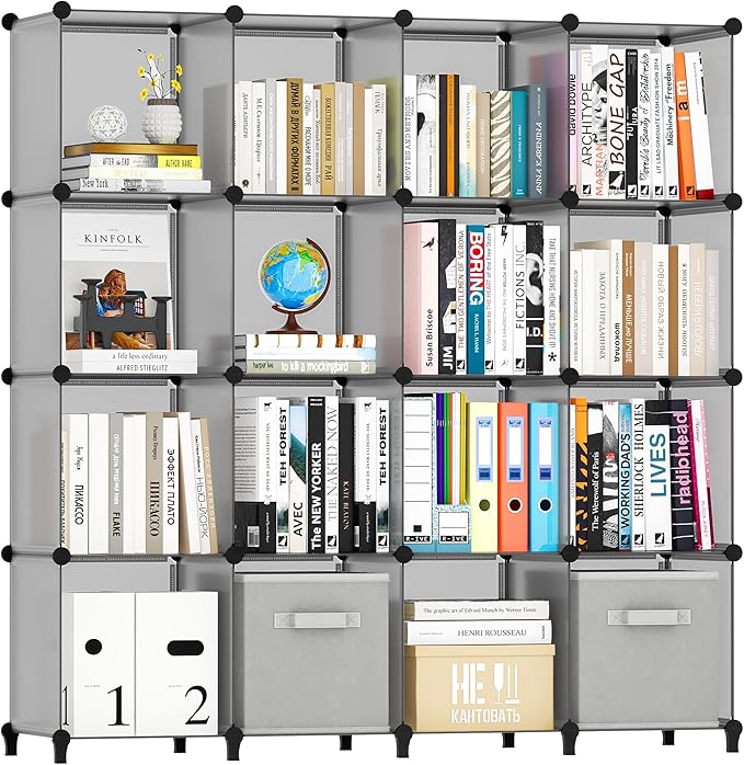 HOMIDEC Book Shelf 16 Cubes Bookcase Bookshelf Cube Storage Organizer Portable Display Bookshelf Kids Bookshelf Book Case for Study Room,Bedroom,Office,Living Room,Closet (47.2x11.8x47.2 inch)