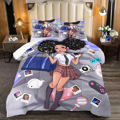 Black Girl Comforter Set Queen Size Bedding Sets for Girls Cute Black Girl Bedding Set African American Girl Soft Microfiber 3 Piece Queen Quilt Sets, 1 Comforter + 2 Pillowcases
