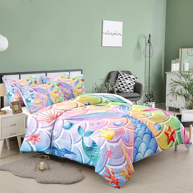 NINENINE Mermaid Tail Bedding Sets,Mermaid Comforter Rainbow Bedding,Twin Comforter Sets for Girls,Blue Glitter Comforter Sets with 1Comforter 1Pillowcase