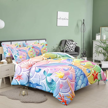 NINENINE Mermaid Tail Bedding Sets,Mermaid Comforter Rainbow Bedding,Twin Comforter Sets for Girls,Blue Glitter Comforter Sets with 1Comforter 1Pillowcase