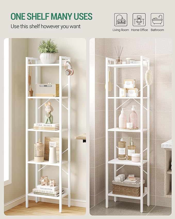 Bookshelf, Book Shelf, Industrial Bookcase with 2 Hooks, Coner Shelf Storage Organizer for Home Office, Living Room, Bedroom, Kitchen, 5-Tier White BC10513W