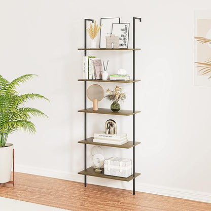 5 Tiers Ladder Shelf 2-Piece Black Modern Tall Bookshelf Open Large Tall Wall Mount Storage Bookcase Standing Leaning Wall Shelves Industrial Decorative