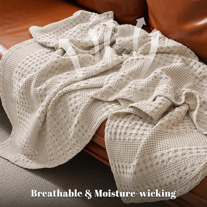 PHF 100% Cotton Waffle Weave Throw Blanket, Soft Lightweight Breathable Cozy Summer Throws for Couch Bed Sofa, Luxury Aesthetic Woven Blanket for Home Decor & Office, 50"x60", Oatmeal