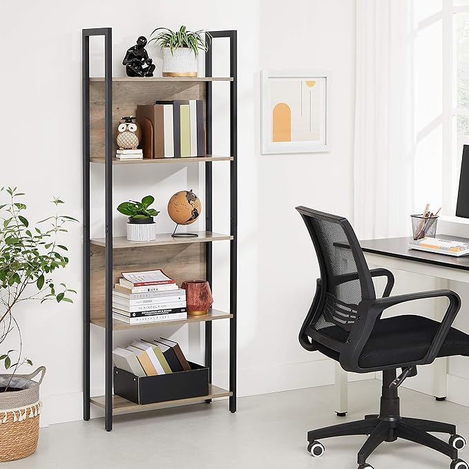 VASAGLE 5-Tier Bookshelf, Book Shelf, Industrial Bookcase, with Steel Frame, for Living Room, Home Office, Bedroom, 9.4 x 24.4 x 65 Inches, Greige and Black ULLS025B02