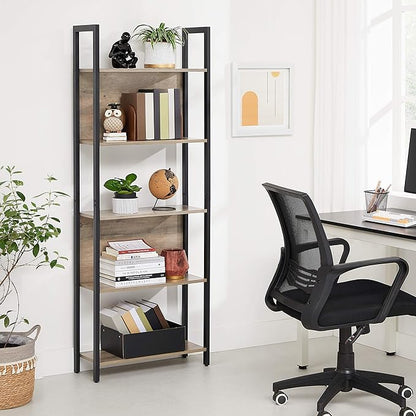 VASAGLE 5-Tier Bookshelf, Book Shelf, Industrial Bookcase, with Steel Frame, for Living Room, Home Office, Bedroom, 9.4 x 24.4 x 65 Inches, Greige and Black ULLS025B02