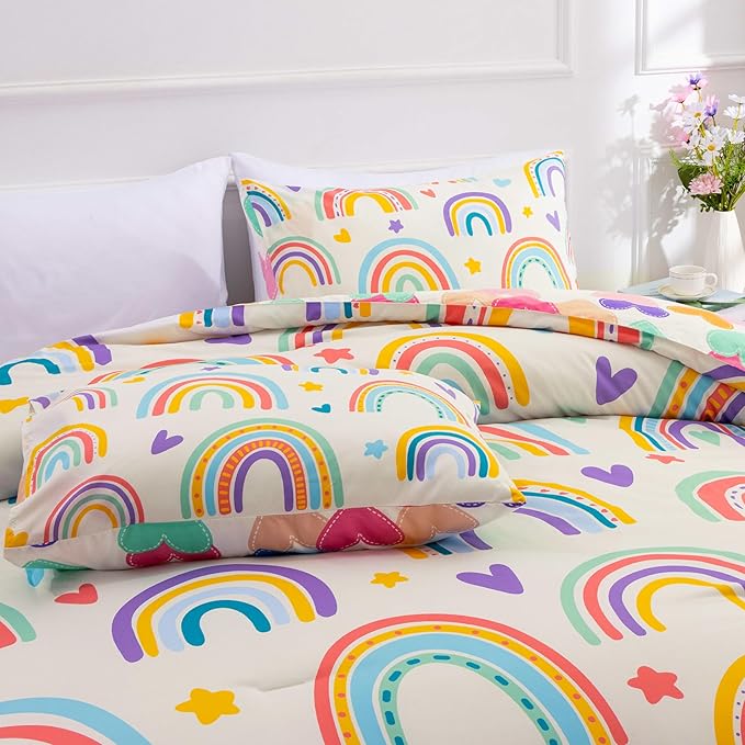 Btargot 3 Piece Kids Rainbow Comforter Set with 2 Pillow Covers, Cartoon Love Hearts Suns and Stars Bedding Set for Girls Boys Kids, Queen Beige