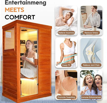 One Person Sauna Far Infrared Finland Spruce Wood Saunas Room Home Wood Spa Dry Saunas Single Person Spa Beauty of Natural Wood 67.3x37.4x29.5inch