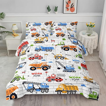 Axolotl Construction Comforter Set Queen,Excavator Bedding Set,Construction Vehicles Comforter Set,Excavator Comforter,Excavator Tractor Trucks Bedding Set for Kids Boys Teens,1 Quilt 2 Pillowcases