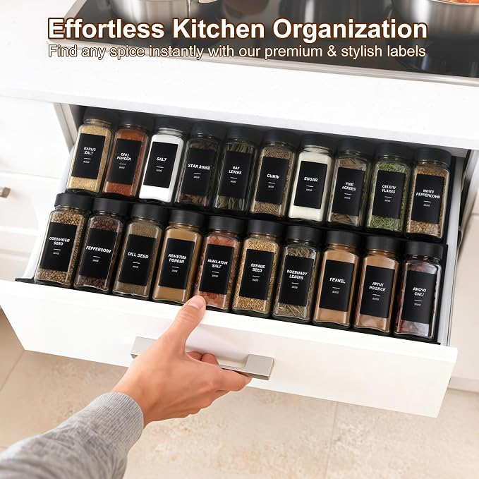 24 Spice Jars with Labels, 4oz Seasoning Jars for Cabinets, Drawers, Racks | Lead-free glass seasoning containers with black airtight lids, and they are dishwasher safe