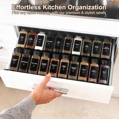 24 Spice Jars with Labels, 4oz Seasoning Jars for Cabinets, Drawers, Racks | Lead-free glass seasoning containers with black airtight lids, and they are dishwasher safe