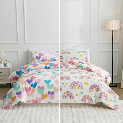 Btargot Lightweight Soft 3 Piece Rainbow Comforter Set with 2 Pillow Covers, Cartoon Love Hearts Suns and Stars Bedding Set for Girls Boys Kids, Full Purple