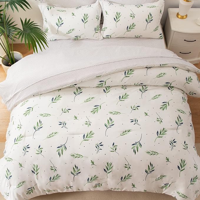 EMME Queen Comforter Set - Sage Green Floral Bedding Set 7 PCS with Nature Leaves Pattern, Soft Leaf Printed Botanical Bed Set with Sheets, Fluffy Bed Bag for All Season(90"X90")