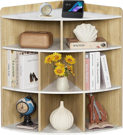 Vecelo 3-Tier Corner Cabinet with 8 Cubbies, Wooden Cube Storage Organizer, Modern Bookshelf Units for Playroom, Bedroom, Living Room, Marble White
