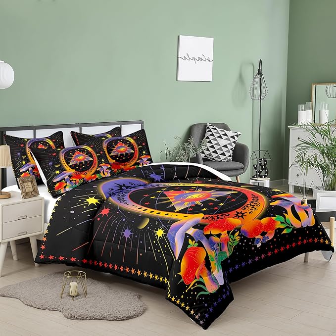 Tailor Shop Sun and Moon Bedding for Boys Girls Kids Teens,Celestial Bedding King Size,Mushroom Comforter Gothic Comforter Witchy Comforter Boho Exotic Black Bed with 2 Pillowcases