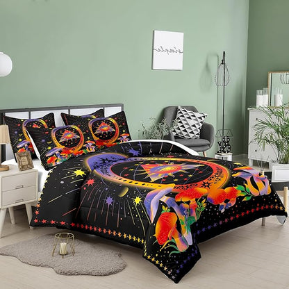 Tailor Shop Sun and Moon Bedding for Boys Girls Kids Teens,Celestial Bedding King Size,Mushroom Comforter Gothic Comforter Witchy Comforter Boho Exotic Black Bed with 2 Pillowcases