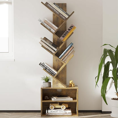 SUNMORY 6 Tier Tree Bookshelf, Small Bookcase with Storage Cabinet, Modern Tall Narrow Bookshelves Organizer, Floor Standing Book Shelf for Bedroom/Living Room/Home Office/Corner, Rustic Brown