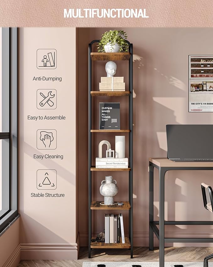 Bookcase Bookshelf, Narrow Book Shelf, Industrial Coner Shelf Storage Organizer, Slim Shelving Unit for Home Office, Living Room, Bedroom, Kitchen, 6-Tier Rustic Brown BC24601B