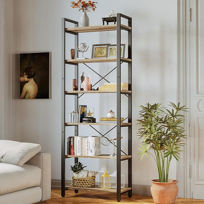 IRONCK Bookshelf 6-Tier Ladder Shelf 110lbs/shelf Display Shelf Vintage Industrial Style Bookcase for Home Office, Living Room