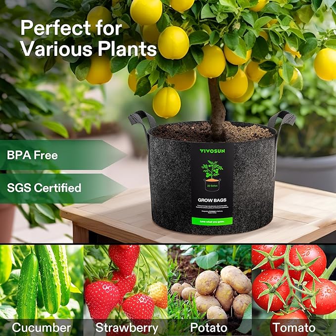 VIVOSUN 5-Pack 20 Gallon Plant Grow Bags, Heavy Duty Thickened Nonwoven Fabric Pots with Handles