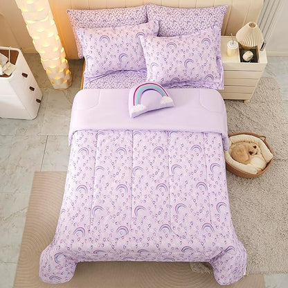 Mooreeke Queen Size Comforter Sets for Girls Kids, 8 Pieces Bed in a Bag Purple Love Heart Rainbow Bedding Comforter Sheet Set with Shams and Decorative Toy Pillow, Ultral Soft Microfiber Kids Bed Set
