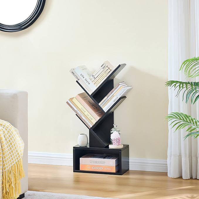 Hoctieon 3 Tier Tree Bookshelf, Small Bookcase with Drawer, Desktop Book Shelf, Display Floor Standing Storage Shelf, Book Organizer Shelves for Home Office, Black