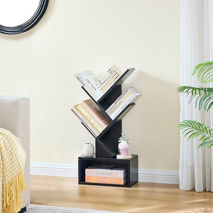 Hoctieon 3 Tier Tree Bookshelf, Small Bookcase with Drawer, Desktop Book Shelf, Display Floor Standing Storage Shelf, Book Organizer Shelves for Home Office, Black