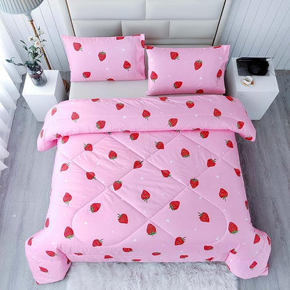SDY 3PCS Full Size Strawberry Comforter Set, Girls Full Size Comforter Sets, Strawberry Bedroom Decor Cute Comforter Set, Kawaii Bedding Set Pink Comforter for Kids, Children, Teen…