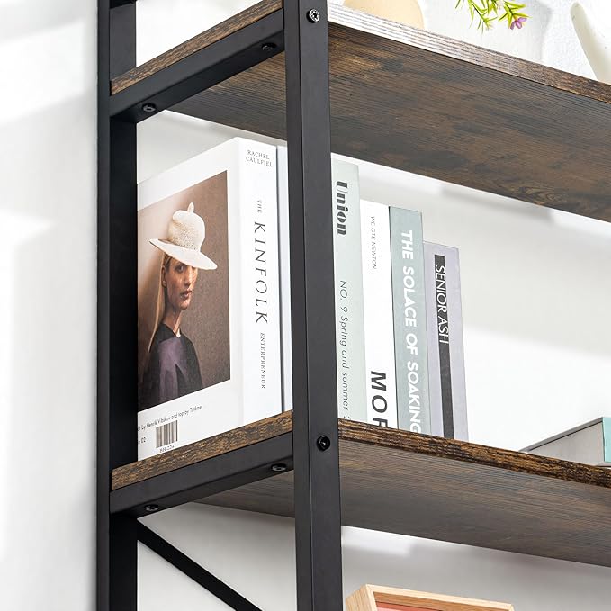 5 Tier Bookshelf Rustic Industrial Style, Storage Shelves, Metal Book Shelves Bookcase Book Shelf Display Shelf for Home Office, Living Room, Bedroom, Kitchen (23.6" W, Brown)