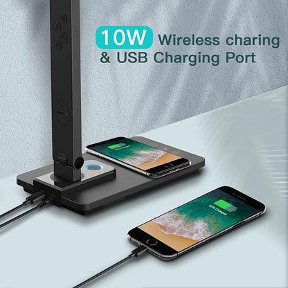 LED Desk Lamp with Wireless Charger, USB Charging Port, Sliding Dimmable Auto Timer Table Lamp with Night Light, Desk Lights with Clock for Study Reading Home Office
