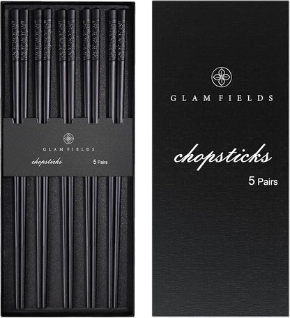 GLAMFIELDS 5 Pairs Premium Chopsticks Reusable Dishwasher Safe 9.5 Inch Fiberglass Chop Sticks Gift Set Non Slip Lightweight Cherry Blossom Pattern