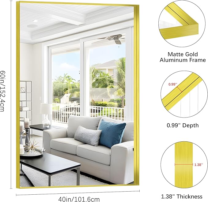 Gold Bathroom Mirror, 60x40 Inch Rectangular Framed Mirror, Large Wall Mounted Bathroom Vanity Mirror Over Sink for Bedroom,Restroom, Living Room, Hangs Vertically or Horizontally