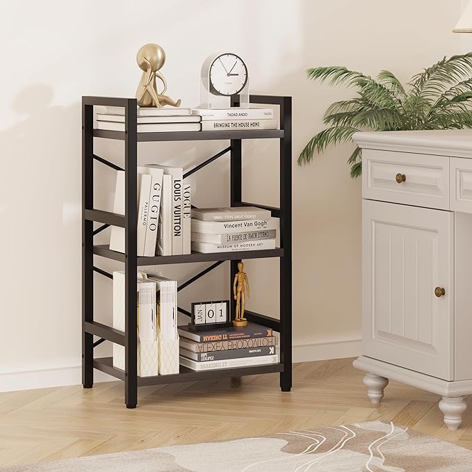 Bookshelf, 3 Tier Industrial Bookcase, Metal Small Bookcase, Rustic Etagere Book Shelf Storage Organizer for Living Room, Bedroom, and Home Office(Grey) Patent Pending D29873033